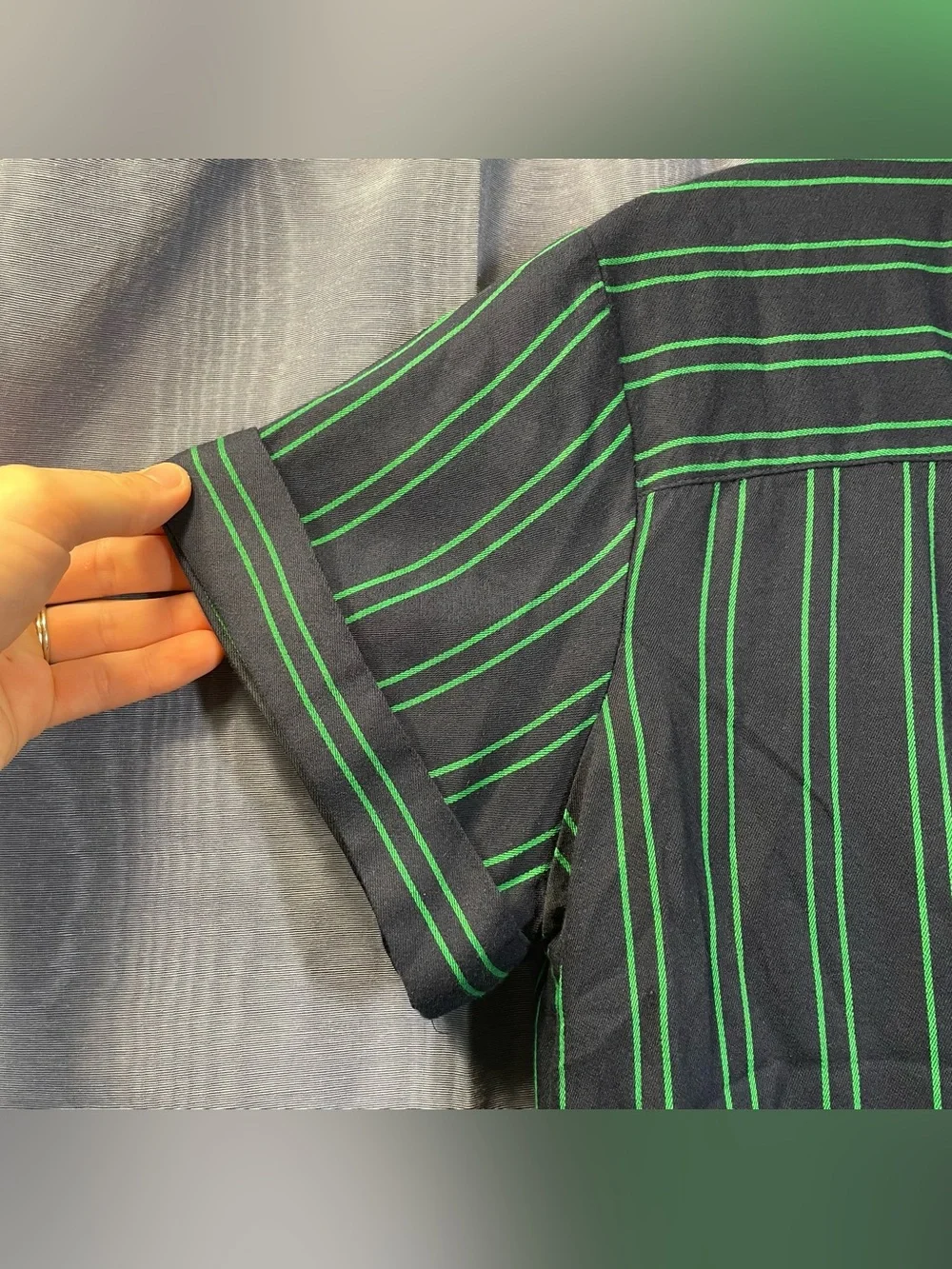 Banana Republic Navy & Green Stripe Cuban Camp Shirt Size M